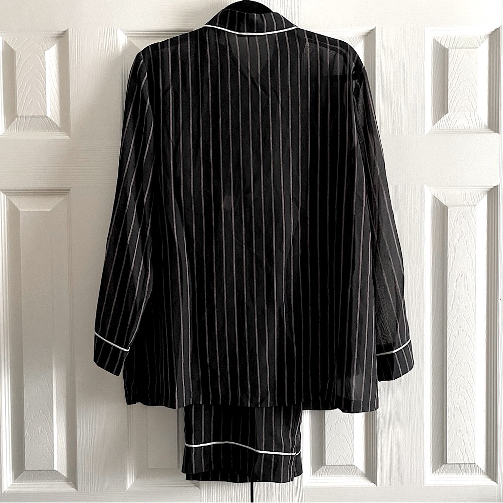 LIGHTWEIGHT STRIPE PATTERN 2 Piece PAJAMA SET DRAWSTRING PANTS WIDE LEG Black L - Picture 2 of 3